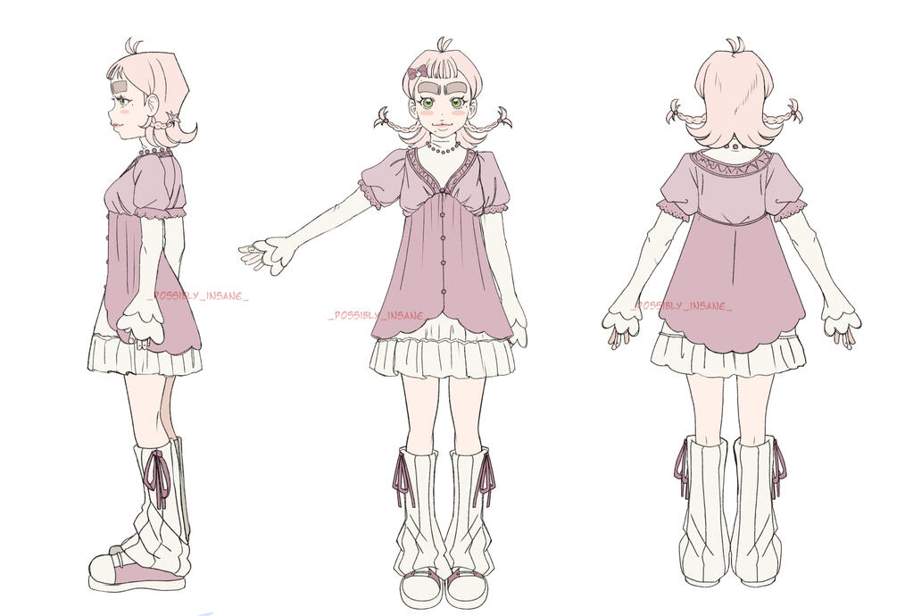 Character reference, side, front, and back.